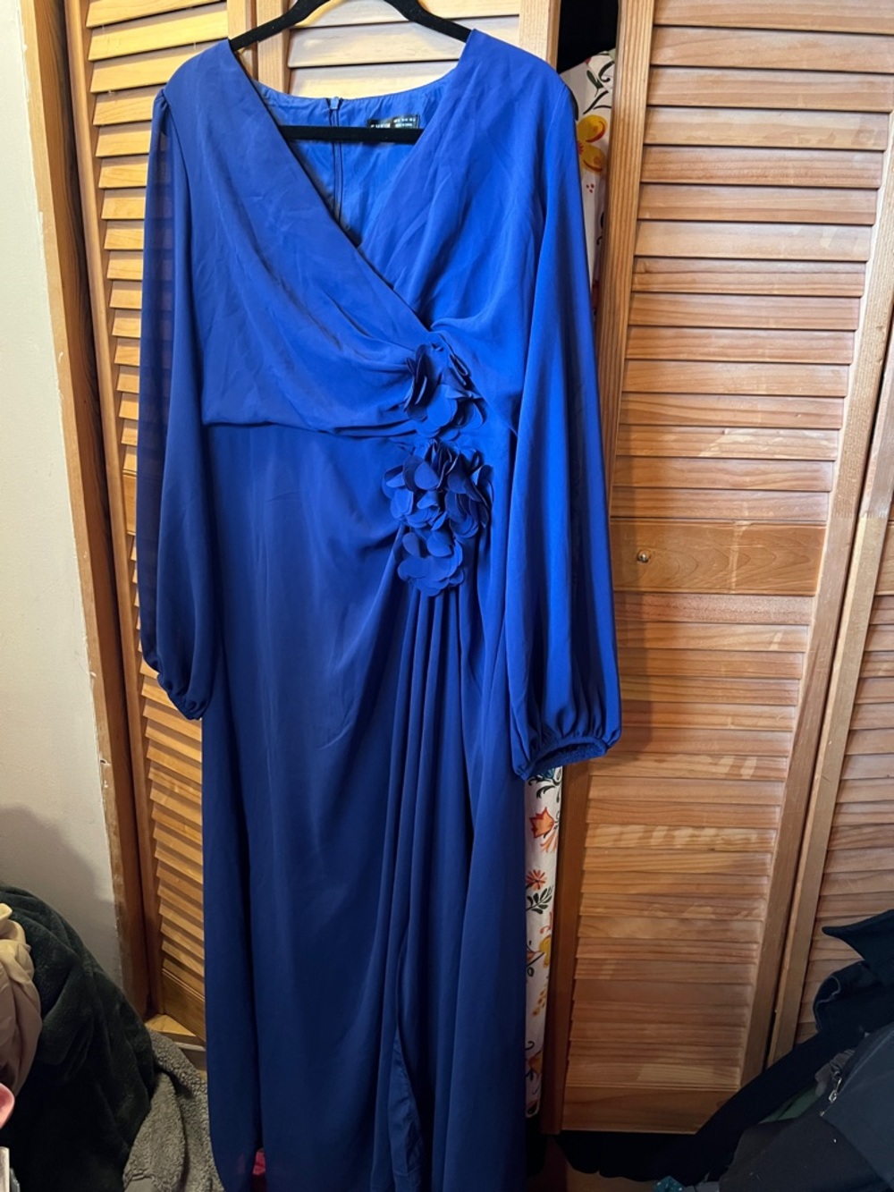Elegant Navy Blue Wrap Maxi Dress with Floral Accent